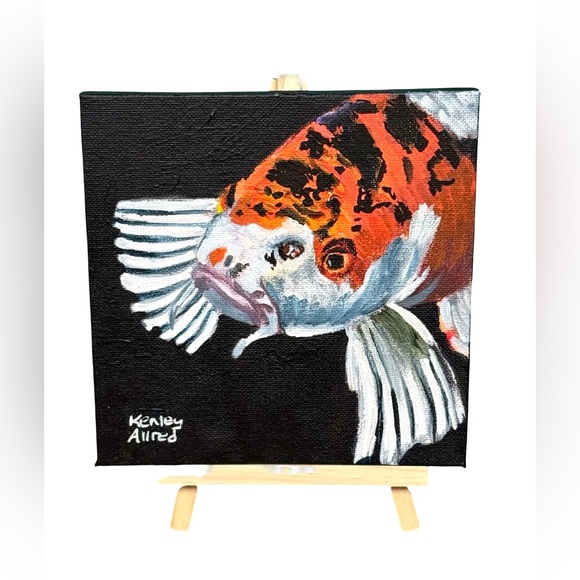 Other - Original Art Koi Fish Acrylic Painting On Mini Canvas With Easel Artwork 6”x6”